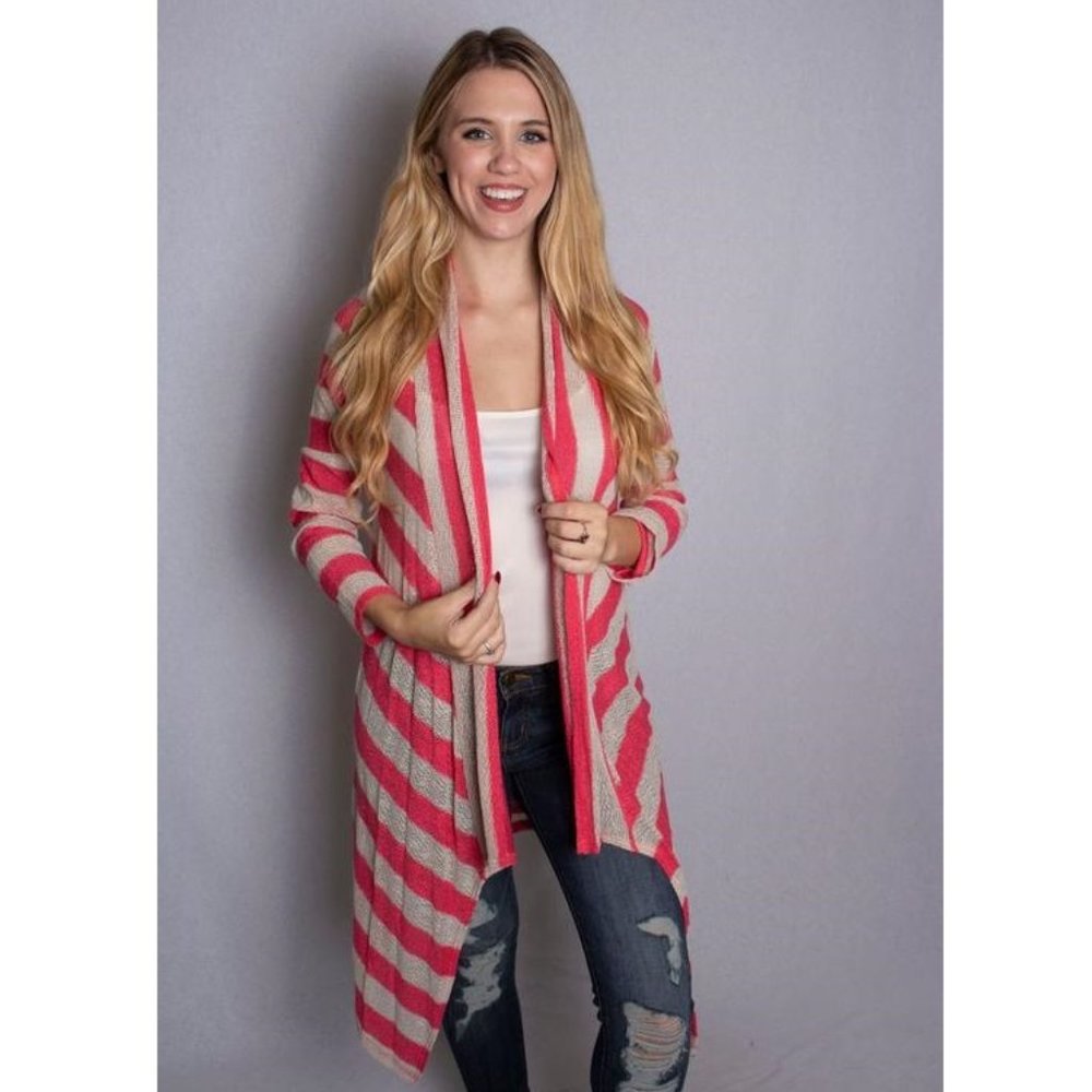 Pink Stripe Open Front Drape Cardigan